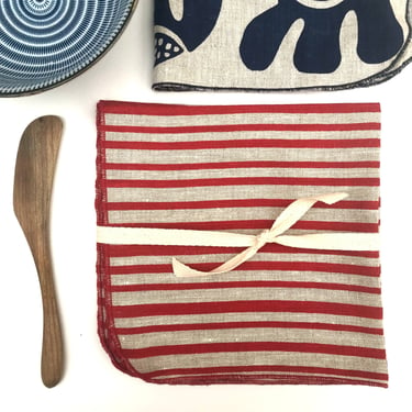 Striped linen napkins, red hand printed stripes, 