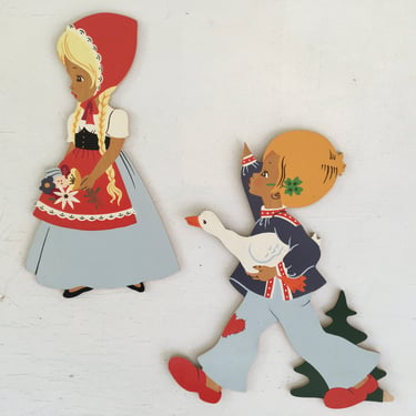 60's Vintage Wood Children's Wall Hangings, Little Red Riding Hood, Jack Is Lucky,  Mertens Kunst, Alfred Mertens, Western Germany 