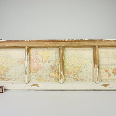 Large old window frame with old map, rare wall decoration, Primitive Old Farmhouse Window frame wooden frame, Window Sash rustic Frame, 