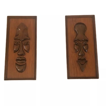 Mid Century Modern Wood Wall Art African Tiki Sculpture Carved Faces 60s 