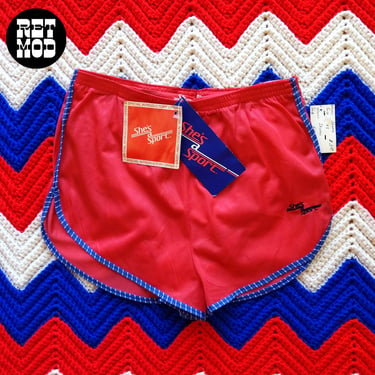 DEADSTOCK Vintage 70s 80s Red with Blue Patterned Trim Running Shorts by She's a Sport 