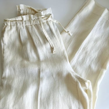 Vintage Cream Textured Linen Paper Bag Drawstring Trouser Wide Leg Pants 