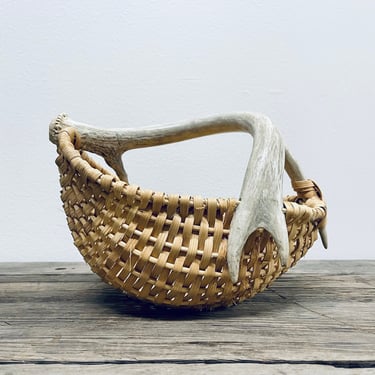 Handmade Antler Basket | Small Woven Basket with Antler Handle | Primitive Egg Basket | Rustic Fruit Basket 