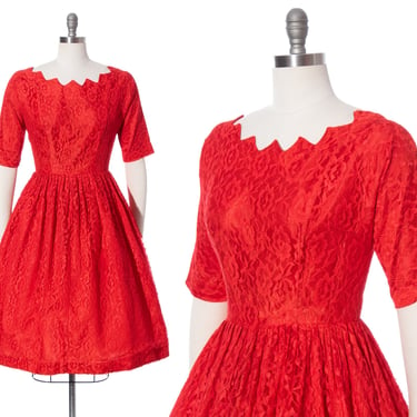 Vintage 1950s Party Dress | 50s Red Lace Zig Zag Neckline Fit and Flare Full Skirt Formal Evening Holiday Dress (medium) 