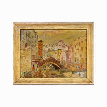 1959 Oil Painting on Canvas Vintage Colorful City Scene 