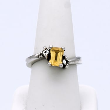 60's citrine white topaz black tourmaline sterling size 8.5 ring, 925 silver & gemstones bling ring 