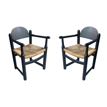 Pair Black & Rush Arm Chairs, NL, 1970’s (Two Pairs Available)