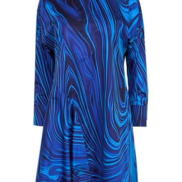 Akris Punto - Blue Swirl Print Mandarin Collar Long Sleeve Dress Sz 6