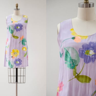 purple mini dress | 90s vintage pastel lavender light purple floral loose sleeveless slip dress 