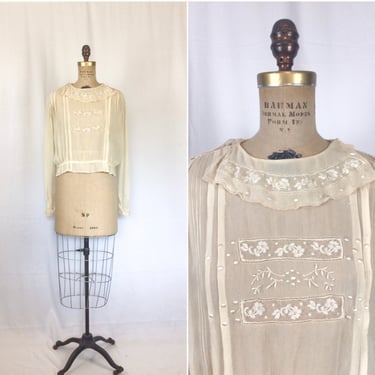 Vintage Edwardian Blouse | Vintage ivory silk crepe top | 1910s embroidered blouse 