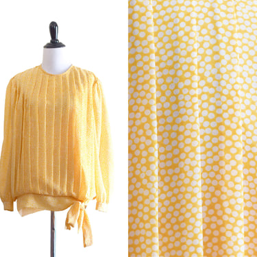Vintage 1980s Yellow Polka Dot Blouson Top with Pleating 