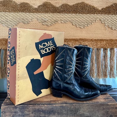 VINTAGE ACME Shooting Stars Leather Western Boots | Black Cowboy Boots | Made in USA | Men's Size 9 