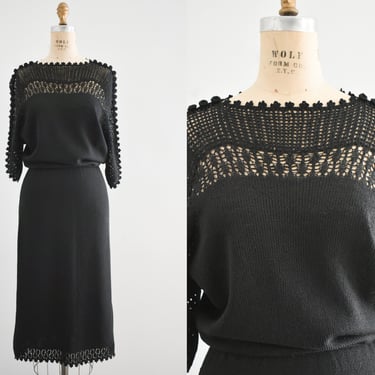 1980s Mike Korwin Black Sweater Knit Midi Dress 