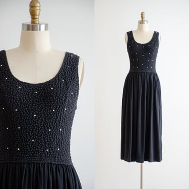 black midi dress 80s 90s vintage rhinestone studded sleeveless cotton dress 