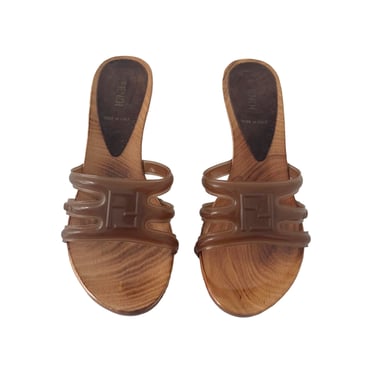 Fendi Brown Wood Logo Heels
