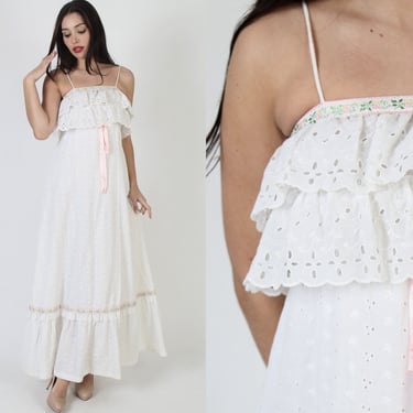 All White Eyelet Maxi Dress / Solid Color Country Style / Empire Waist Tiered Skirt / 70s Capelet Ruffle Wedding Gown 