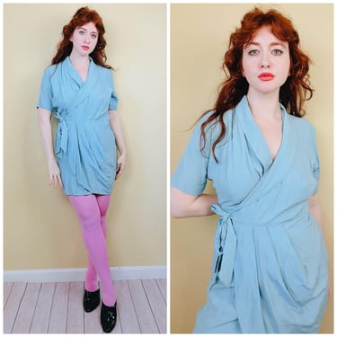 1990s Vintage Carol Anderson Petite Baby Blue Wrap Dress / 80s Rayon / Acetate Pastel Mini Dress / Size Large - XL 