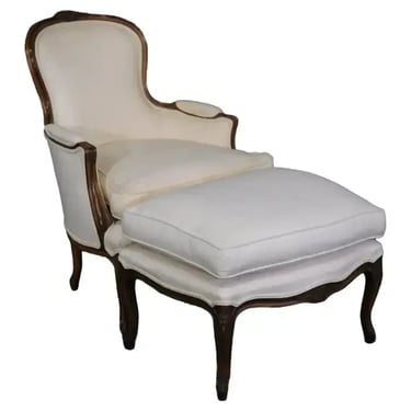 Gorgeous French Louis XV Style Walnut Bergere Chair with Matching Ottoman