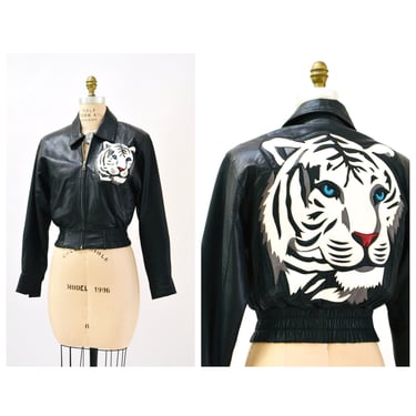 90s Vintage Black Leather Jacket by North Beach Michael Hoban White Tiger// Vintage Black Leather Jacket Tiger Cat Small Leather Jacket 