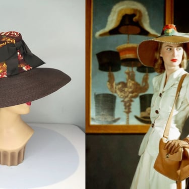 Cool, Calm and Collected - Vintage 1940s Hickory Brown Straw & Pattern Rayon Peaked Wide Brim Hat 