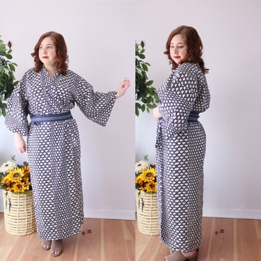 Vintage Japanese Cotton Yukata Long Robe Kimono OS - 1970s Blue Ryokan Cotton Long Onsen 