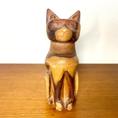 Vintage 1960s Wood Carved Cat 