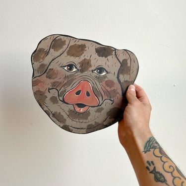 1980’s Vintage Plywood Painted Pig. Signed & Dated by Artist. Original Vintage 1980’s Pig Art. 
