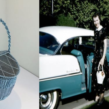 You Can't Drive to Italy - Vintage 1950s Cerulean Blue Aluminum Wicker Double Side Basket Handbag Purse - Rare 