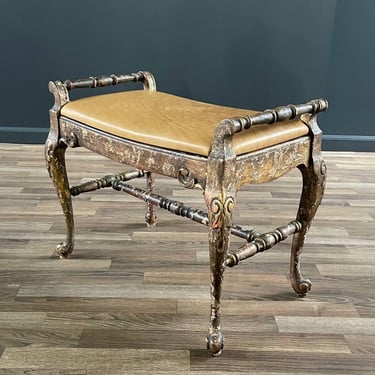 English Style Gilt Wood & Leather Bench with Cabriole Legs 