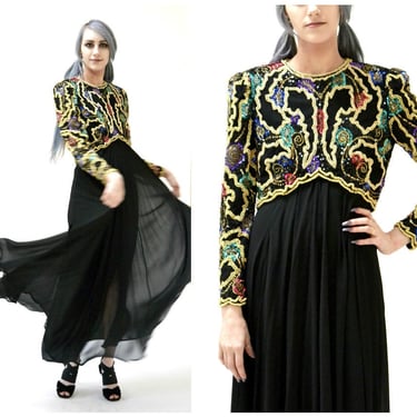 90s Vintage Black Beaded Evening Gown Dress Medium // Black Gold Sequin Silk Dress Gown Medium Long Sleeve Dress by Black Tie Oleg Cassini 