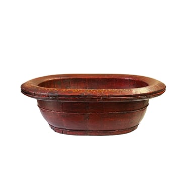 Chinese Vintage Distressed Brick Red Flower Oval Shape Wood Bucket ws3118E 