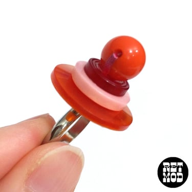 Interesting Adjustable Vintage Red Orange Stacked Button Statement Ring 