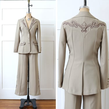 vintage womens 1970s western suit • latte brown tailored flared leg suit in classic double knit poly 