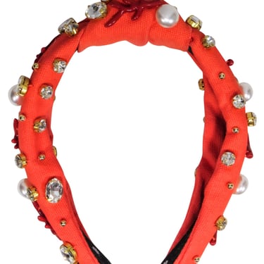 Lele Sadoughi - Orange Knot Front Jewel, Pearl, and Red Coral Embellished Headband