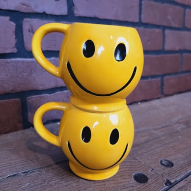 Pair of Yellow McCoy Signed Have a Happy Day Smiley Face Coffee Mug Cup 