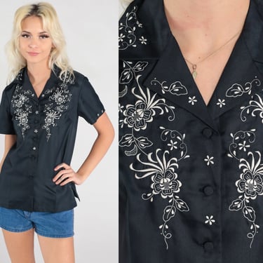 Floral Embroidered Blouse 70s Hippie Top Black White Flower Shirt 1970s Boho Shirt Button Up Vintage Bohemian Short Sleeve Small 4 
