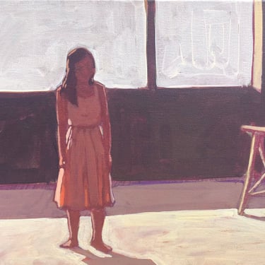 Woman at Window #8 - Original Acrylic Painting on Canvas 16 x 12, female, dress, fine art, interior, sky, michael van, gallery wall, shadow 