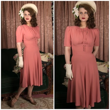 1930s Dress -  Ideal Late 30s Puffed Sleeve Dream Dress in Pink Rayon Crepe 