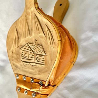 Vintage Leather Bellows, Hand Carved Wood, Mountains Cabin Scene, Vintage Home Decor, Fireplace 