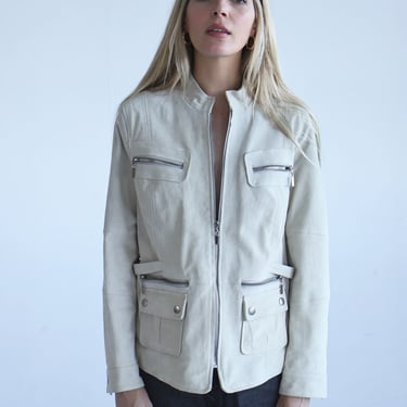 Vintage Y2K Bone Suede Cargo Pocket Jacket with Built in Belt Zip + Snap Pockets Safari Nude Off White XS S M 