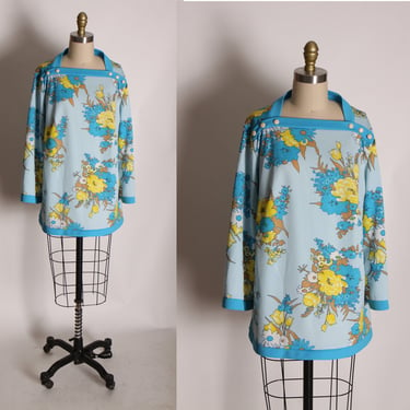 1970s Blue and Yellow Bracelet Sleeve Angel Wing Floral Blouse -2XL 
