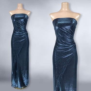 VINTAGE 90s Y2K Metallic Blue & Black Stretch Lamé Mesh Strapless Formal Dress by Be Smart 3/4 | 1990s 00s Sparkle Glitter Prom Dress | VFG 