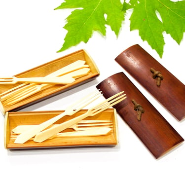 VINTAGE: 2 Sets of Bamboo Box with Mini Wood Fork - 9 Handmade Appetizer Forks - Little Forks - Hors D'ouevres - SKU 26-C3-00013459 