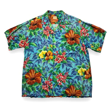 Vintage 1940s PALI Rayon Hawaiian Sport Shirt ~ L ~ Aloha ~ Rockabilly / Tiki / Atomic / VLV ~ Loop Collar 
