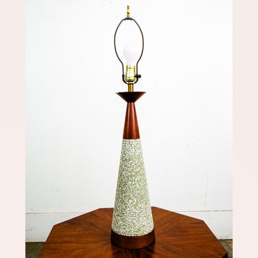 Mid Century Modern Table Lamp Light Ceramic White Green Mcm Walnut Vintage Round