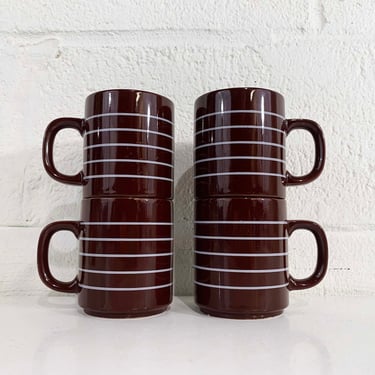 Vintage Mod Mugs Brown Stripe Stacking Set of 4 Cups Ceramic White Stripes Coffee Mug Tea Mid Century Retro Kitsch Made in Japan 1970s 