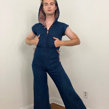 70s Hooded denim jumpsuit 