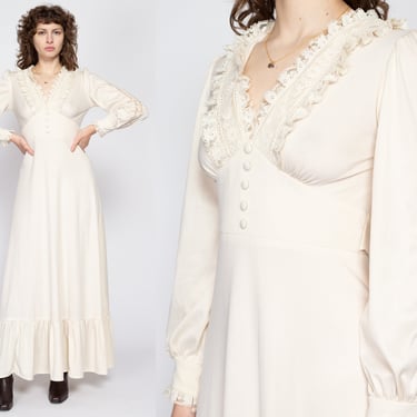 Small 70s Boho Ivory Lace Trim Prairie Gown | Vintage V Neck Long Sleeve Formal Hippie Maxi Dress 