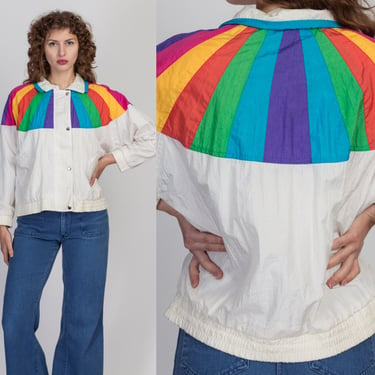 90s Rainbow Striped Colorblock Windbreaker - One Size | Vintage Colorful Zip Up Retro Lightweight Jacket 