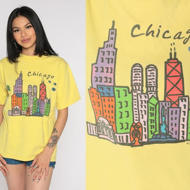 Chicago T-Shirt 90s City Skyline Graphic Tee Illinois TShirt Travel Tourist Souvenir Chi Town Screen Print Yellow Vintage 1990s Medium M 
